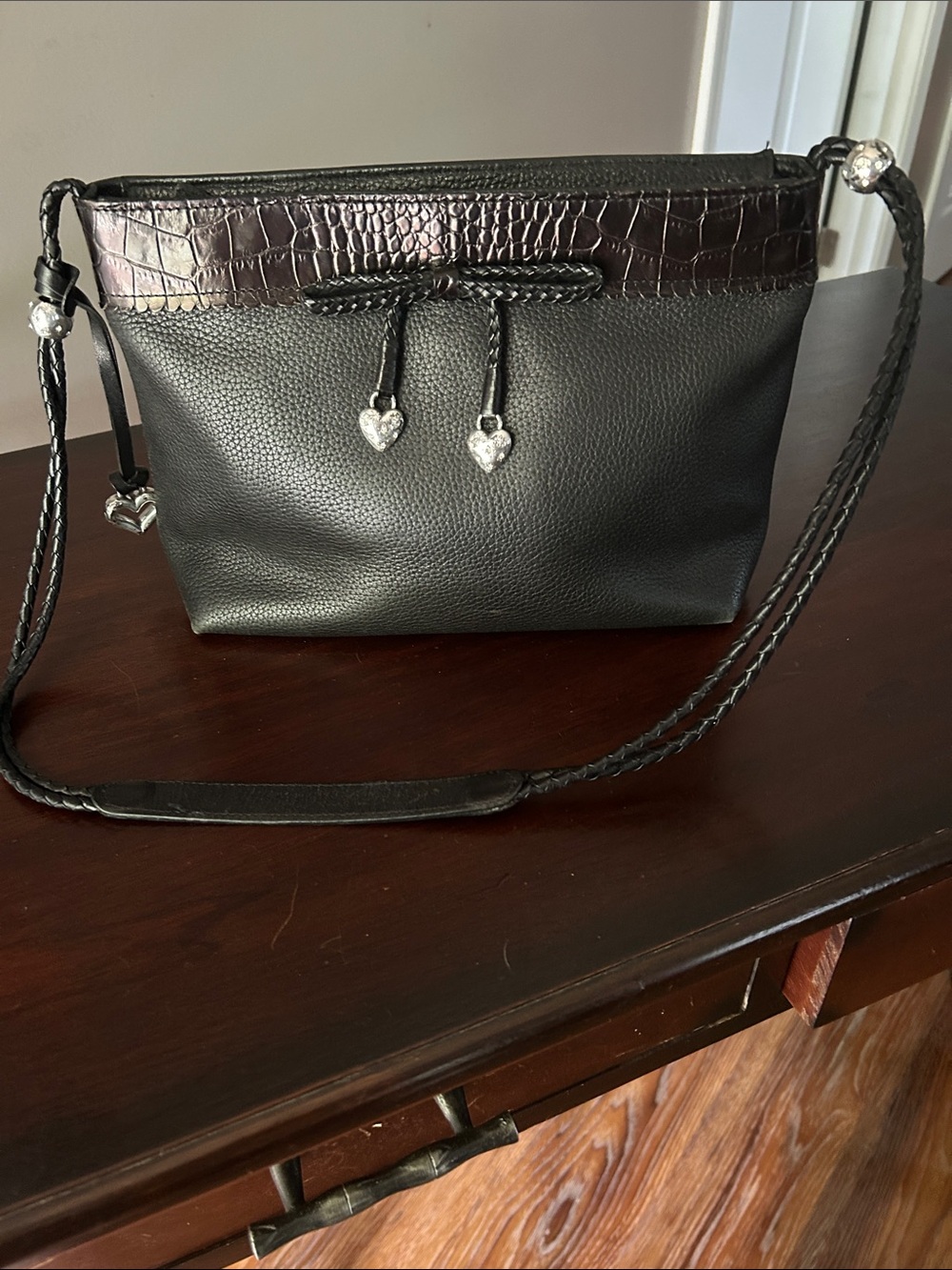 Brighton Leather Black Crossbody Bag with Heart Charms